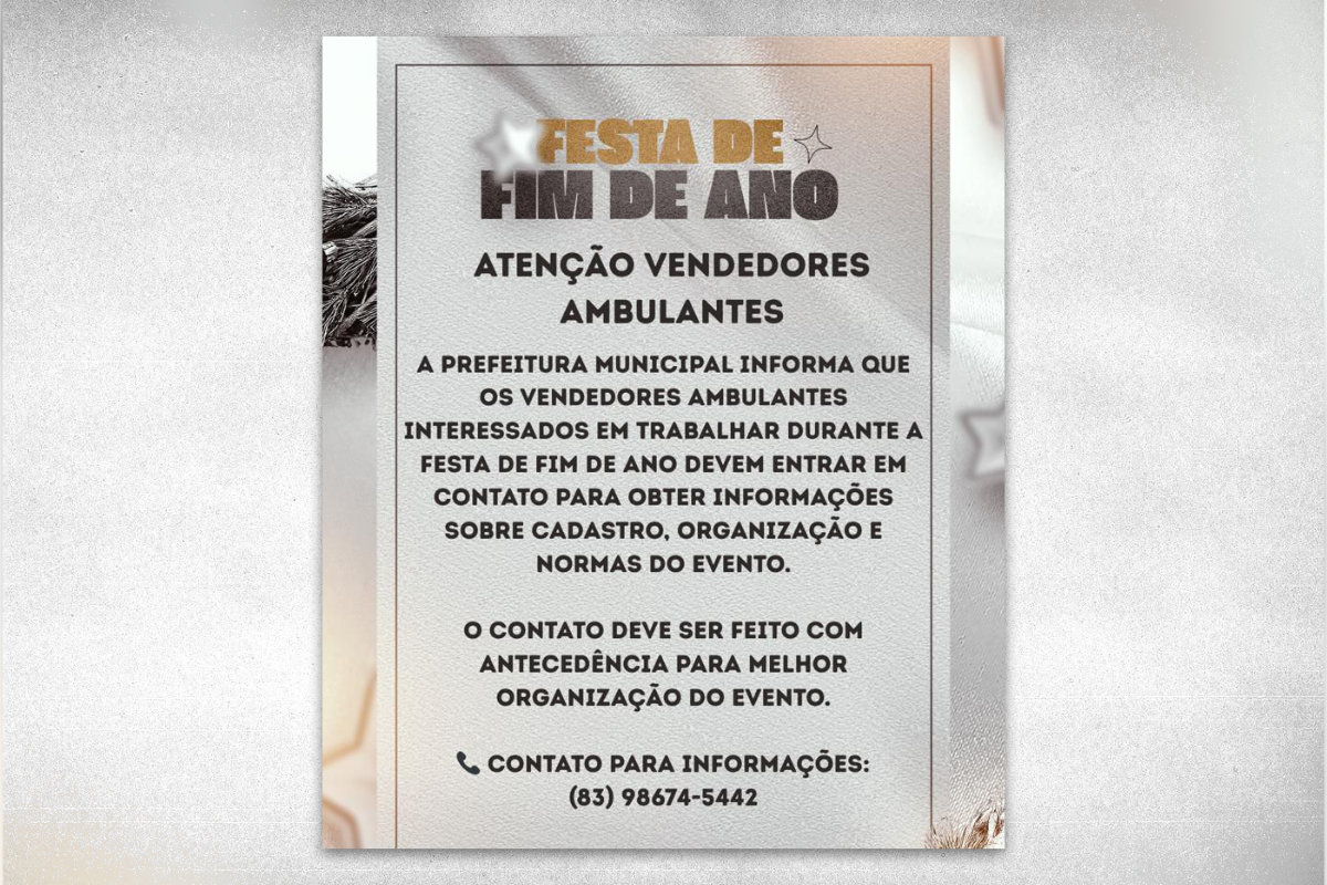 Prefeitura de São José da Lagoa Tapada abre cadastro para ambulantes interessados em trabalhar na Festa de Fim de Ano